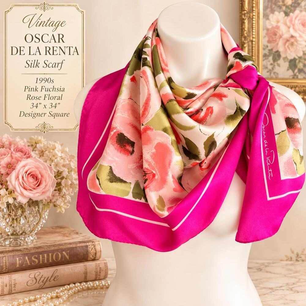 Vintage Oscar de la Renta Silk Scarf 1990s Pink Fuchsia Rose Floral 34x34 Square